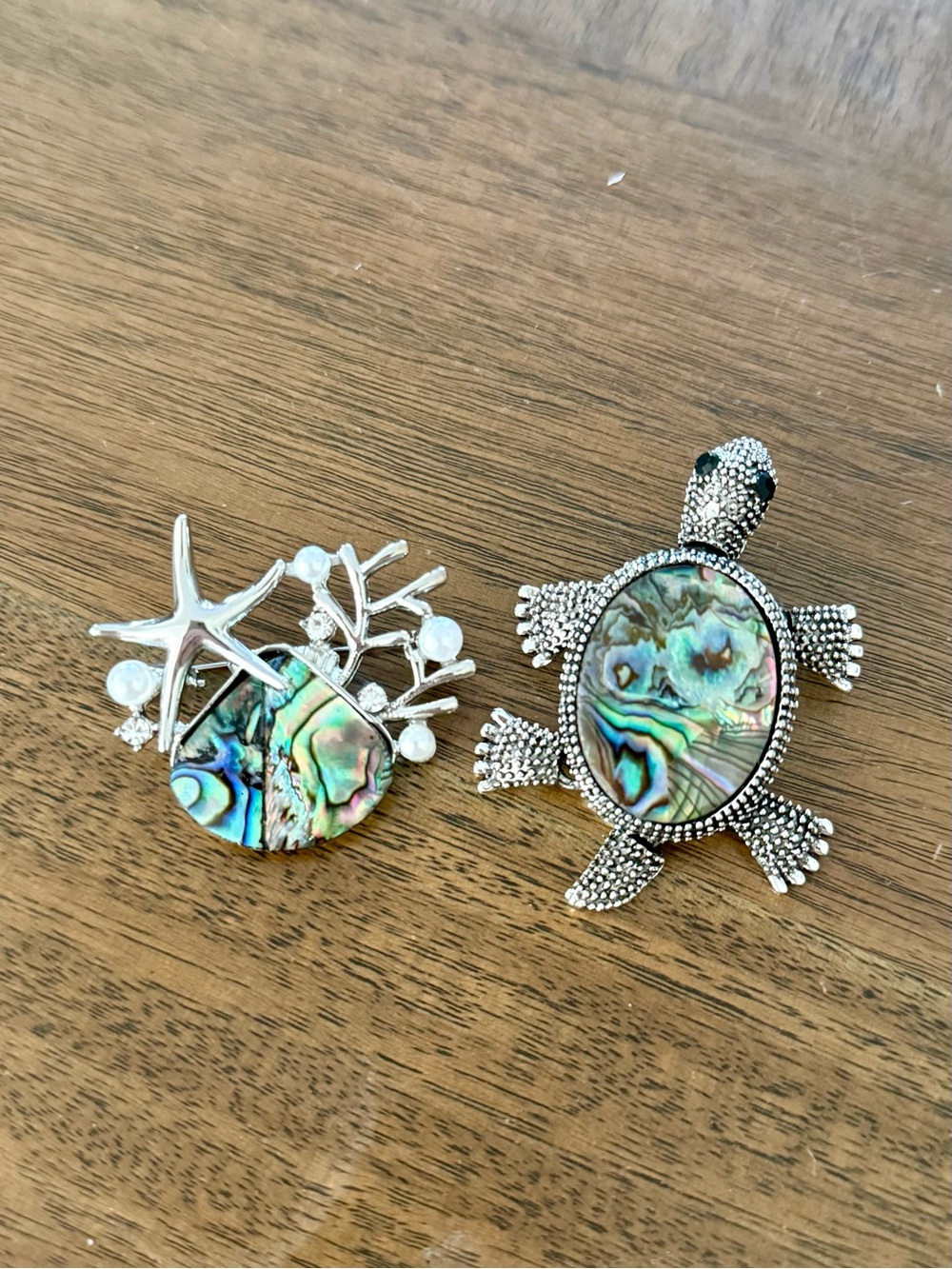 Abalone Turtle and Starfish Ocean Brooch Set - Iridescent Green Blue